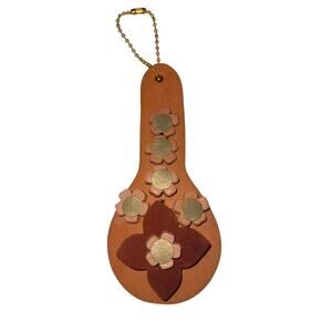 Repurposed Designer Leather Keychain Teardrop Style  Handmade Floral Bag Charm